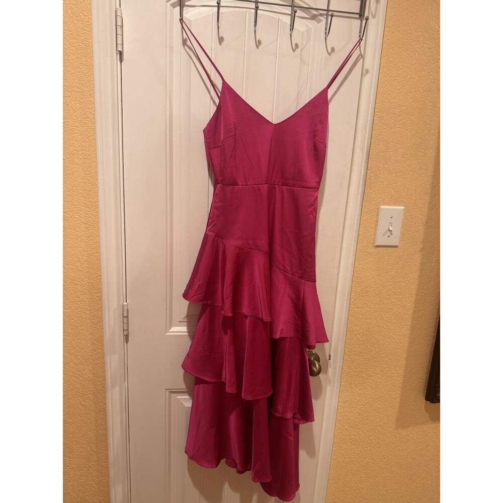 Charming Crush Hot Pink Satin Tiered Ruffled Midi Dress size xs - Picture 3 of 11